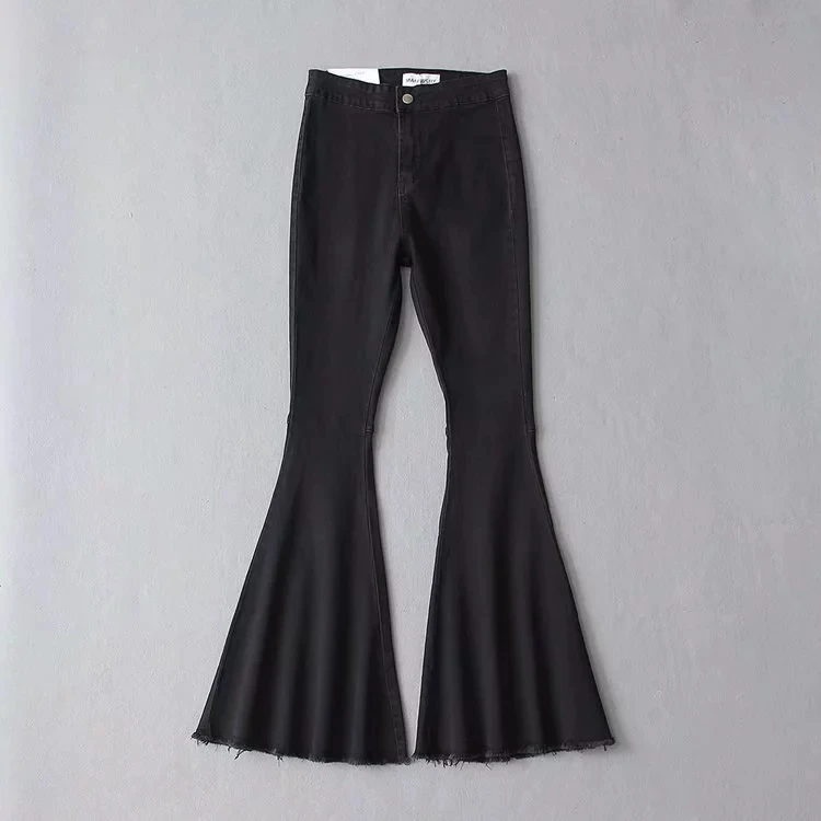 Withered fashion blogger design vintage flare jeans woman high waist jeans high stretch skinny burrs boyfriend jeans for women - Цвет: Черный