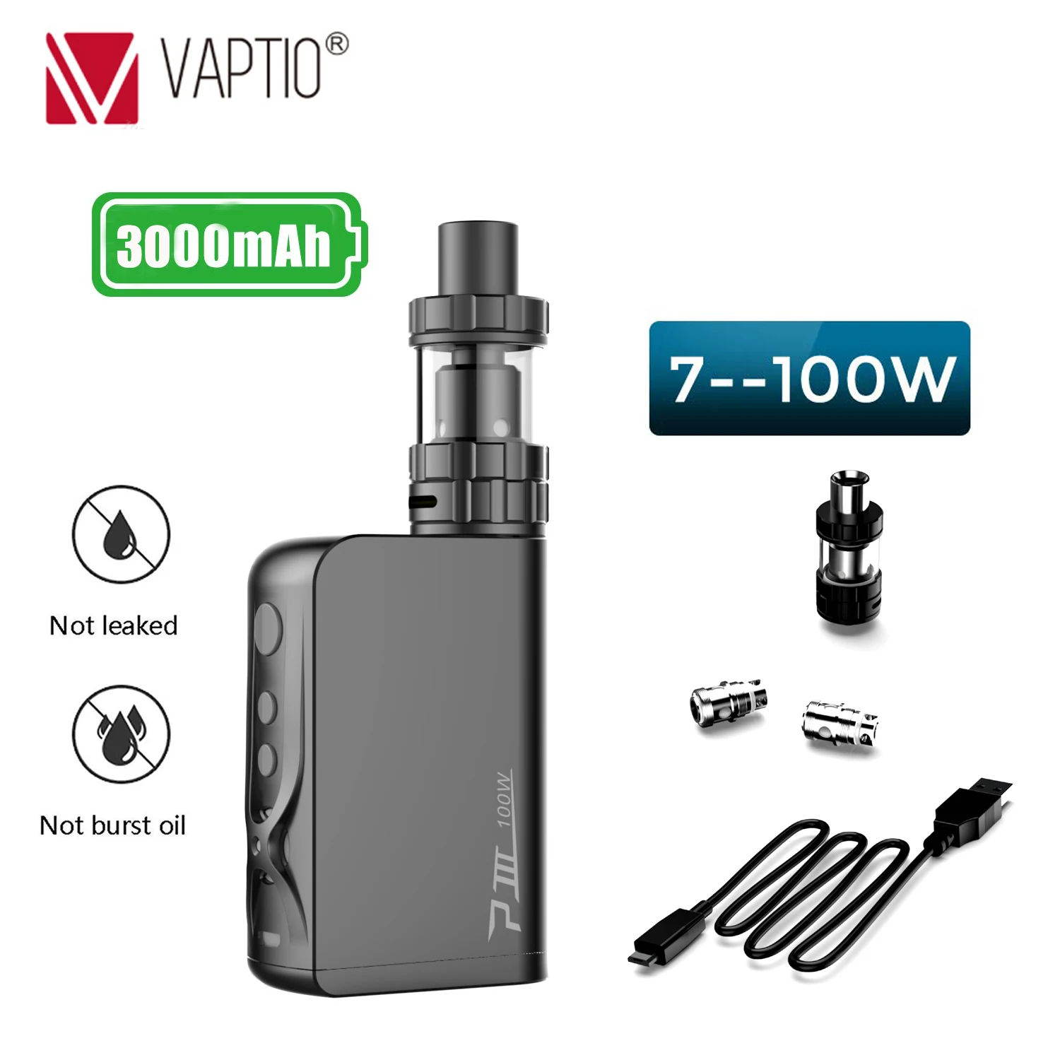 [Подарок 5 шт катушки] Vaptio P3 комплект передач с 100 Вт встроенной батареей 510 поток мод и емкость 2,0 мл бак 3000 мАч Vape мод