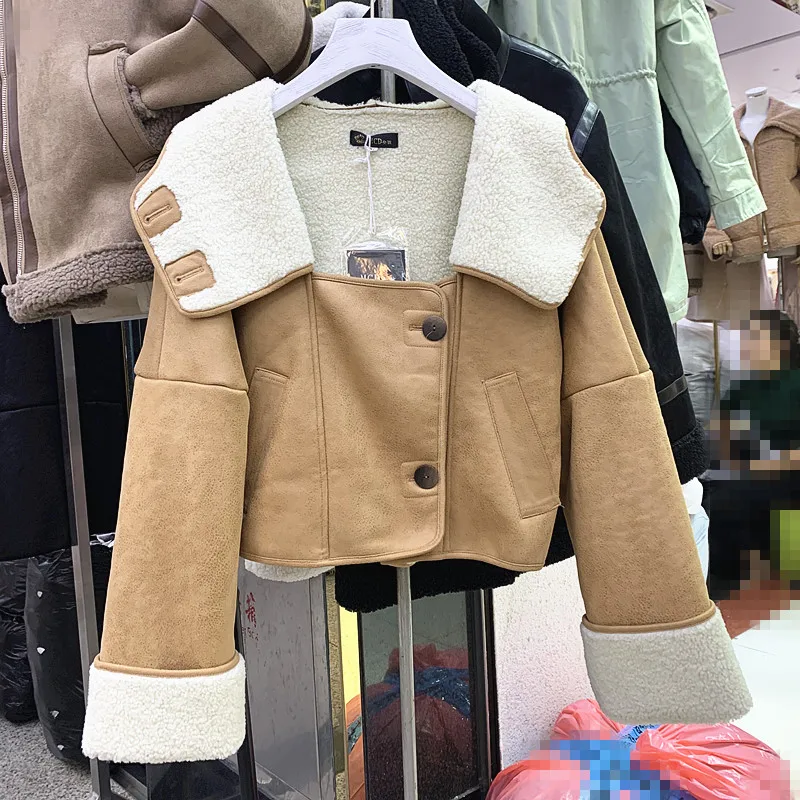 Модная короткая зимняя куртка для девочек, пальто из искусственного меха ягненка, Свободное пальто, женские утепленные куртки с отворотом из искусственной кожи