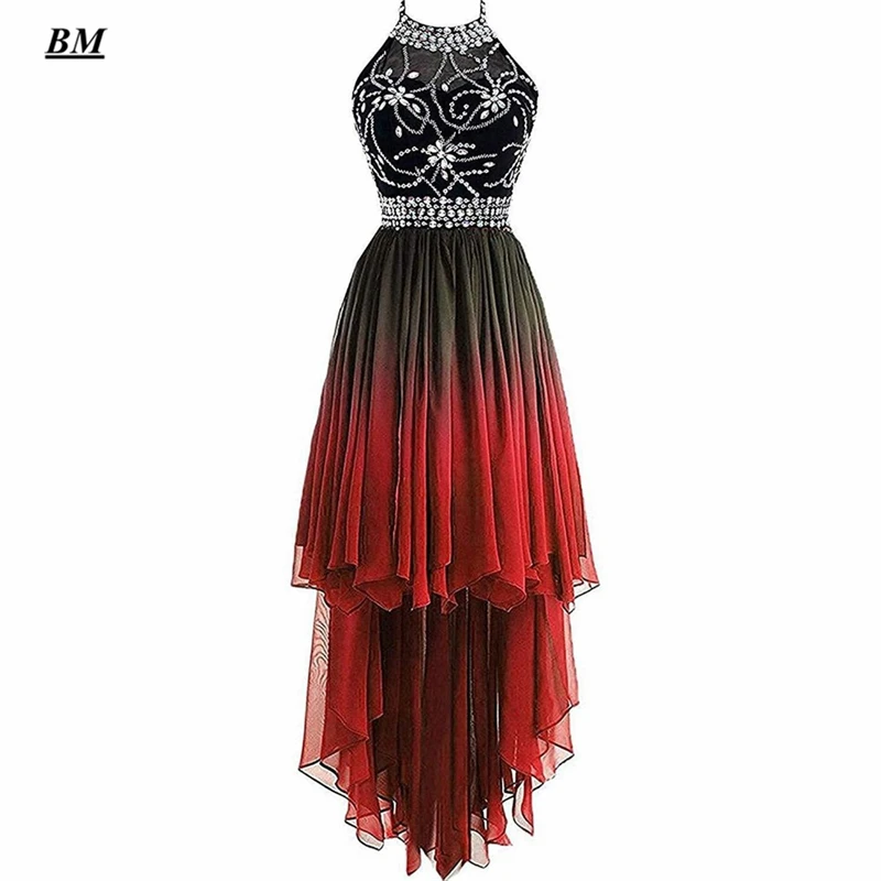 

2021 Ombre Gradient Prom Dresses With Sparkly Crystals High Low Beaded Black Red Gala Dress for Women Halter Party Gown BM254