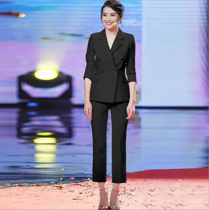 Высокое качество белый костюм женский корейский модный женский настоящий Тонкий Блейзер костюм из двух предметов брюки+ блейзеры 2 шт. женские комплекты брюки - Цвет: Balck