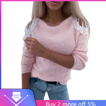 

2019 Hot Sale Ladies Clothes Round Neck Lace Stitching Plush Sweaters Long Sleeve Sweatshirt Pull Femme Splice Top Sweterek #C11