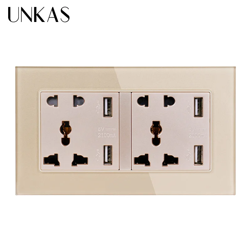 Tanie UNKAS gniazdo ścienne podwójny uniwersalny 5 otwór listwa sieciowa z 4 USB inteligentny indukcyjny port ładowarki dla szkło hartowane Panel