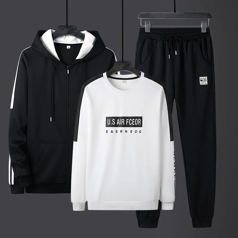 

New Style Men Spring And Autumn Trend Leisure Sports Suit Coat Hoodie Trousers Three-piece Set Large Size Men's Wear