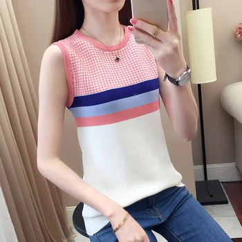 

Plaid Knitted Tank Tops Women Clothes 2020 Thin Summer Sleeveless Tank Top Korean Fashion Vest Womens Clothing Vetement Femme