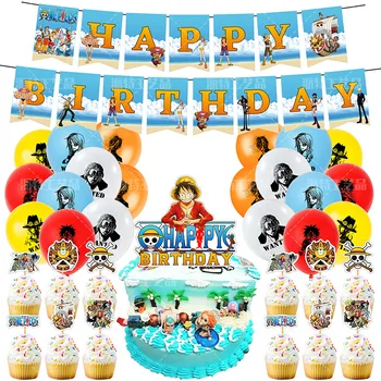 

48Pcs/set New One Piece Balloons Luffy Happy Birthday Banner Cake Topper Baby Shower Party Decorations Kids Toys