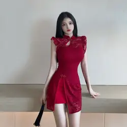 Vestido para Año Nuevo 2022, estilo Retro chino, Sexy, de encaje, sin mangas, a la moda, Mini vestido de alta calidad
