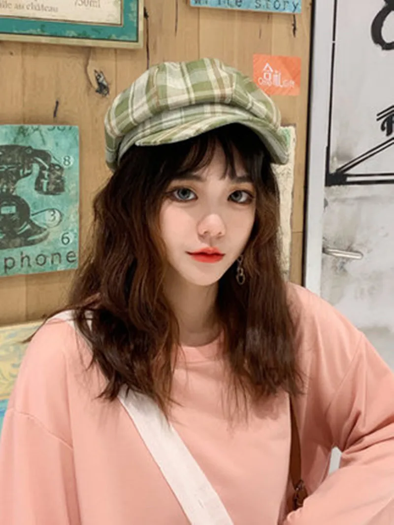 Korean version hat female Japanese retro lattice Beret thin breathable painter hat in summer