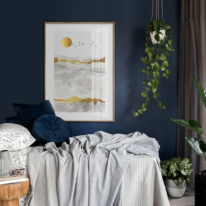 Scandinavian Decoration Canvas Painting Abstract Mountain Landscape Poster Print Gold Sun Birds Wall Art Picture Bedroom Decor | Дом и сад