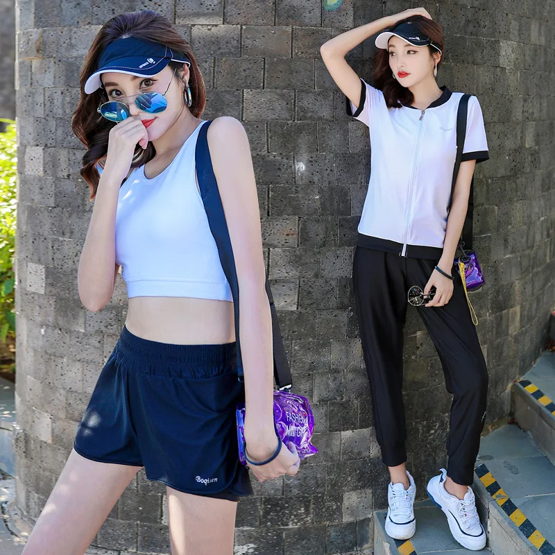 

Bo Chinese Chequers sen chun Summer Sports Fitness Suit Women's Fashion Three Four-piece Set Cardigan Half Sleeve Running Yoga C