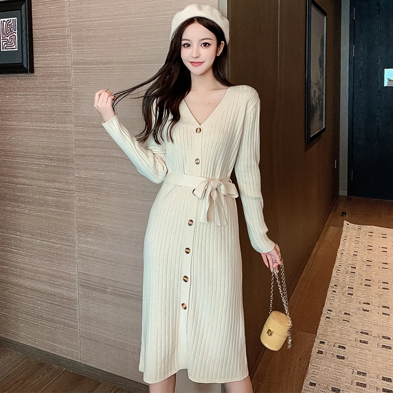 

Autumn New Kintwear Dress V-Neck Button Solid Knitting Dresses Mid-Calf Long Sleeve Elegant Female Korean Women's Clothing