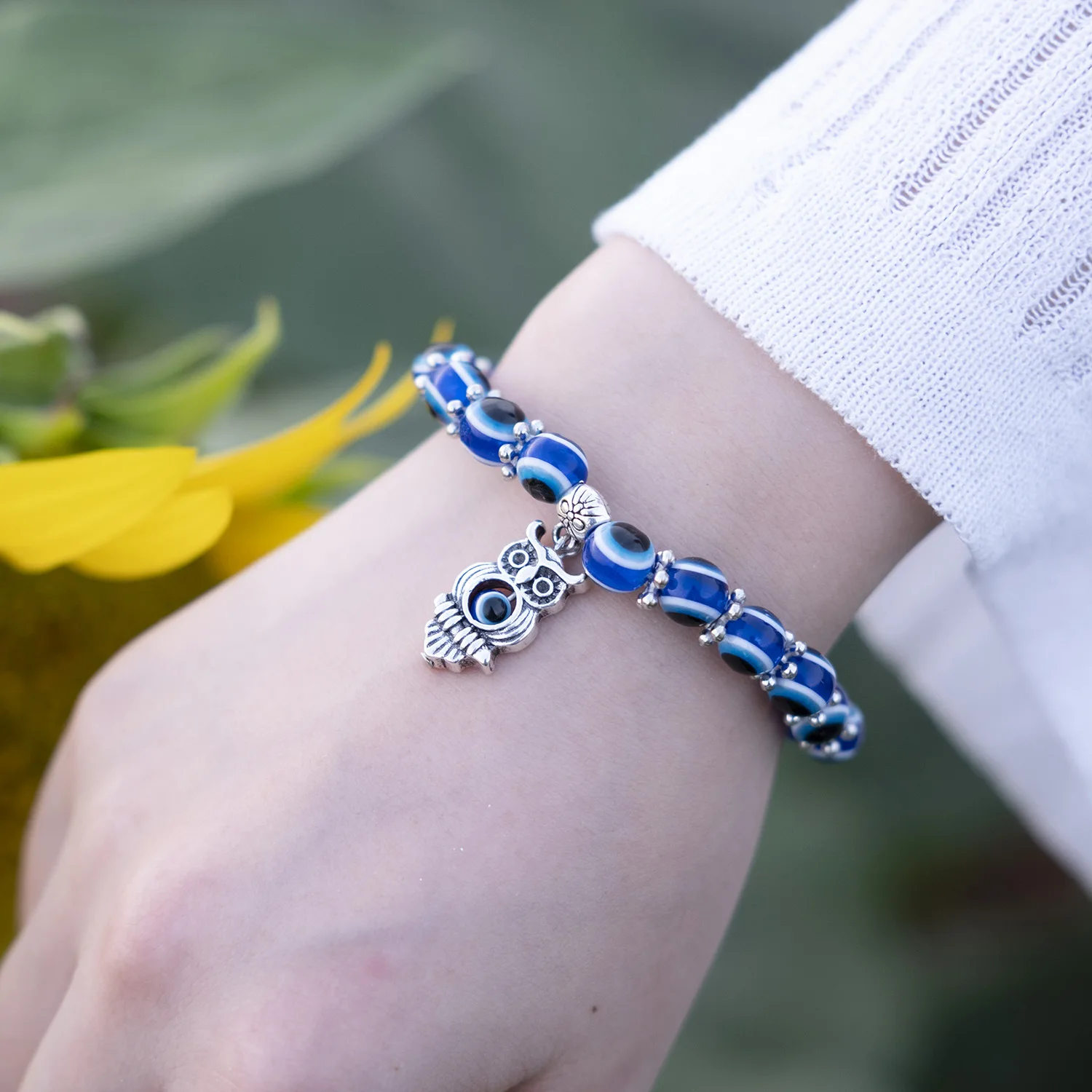 Blue Evil Eye Bracelet Hand of Fatima Turkey Thousand Eyes Wish Handmade Women's Resins Bead Bangle Elastic Bracelets Jewlery