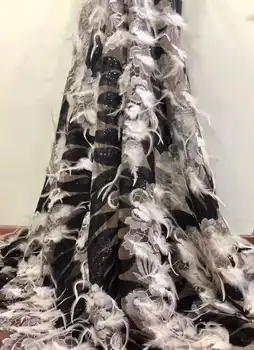 

luxury nigerian sequins lace fabric with feather material 2019 high quality black and white guipure lace fabric for party using
