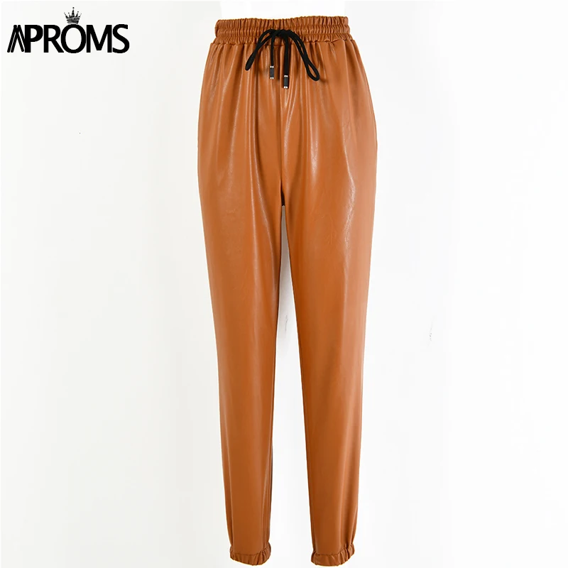 Aproms/однотонные узкие брюки из искусственной кожи для женщин; зимняя уличная одежда; повседневные женские брюки с высокой талией и завязками; - Цвет: Brown