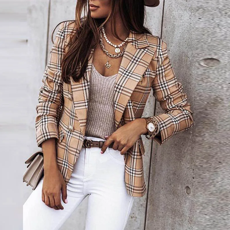 

Elegant Women Turn Down Collar Blazer Coat Office Lady Plaid Print Button Tops Jacket 2023 Spring Autumn Long Sleeve Cardigans