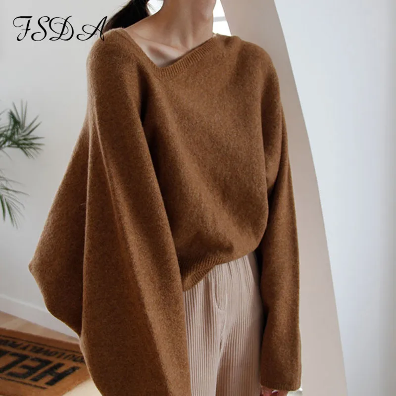 FSDA V Neck Cashmere Sweater Loose Long Sleeve Women Pullover Autumn Winter Oversized Blue Casual Knitted Warm Jumper Female | Женская