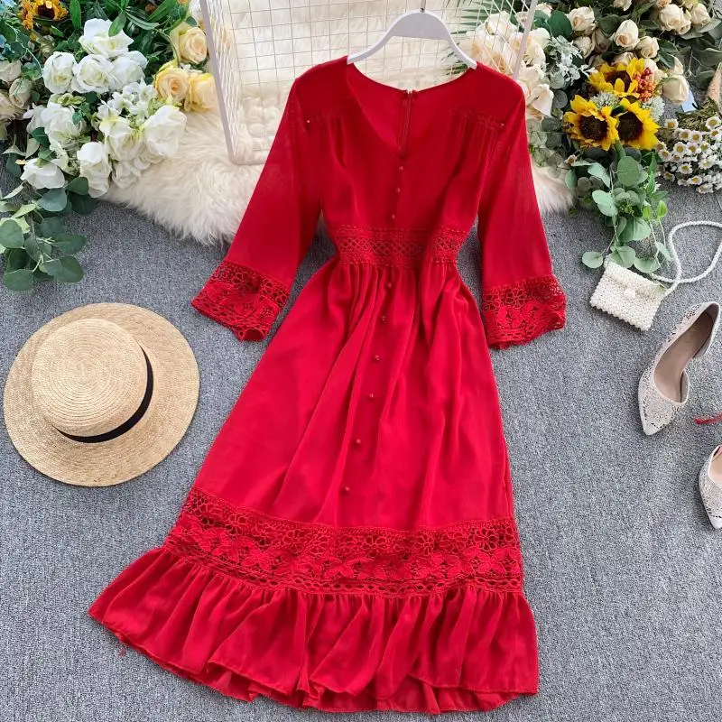 Foamlina Women White Dress New Sexy V Neck 3/4 Sleeve Floral Lace Patchwork Hollow Out Waist A Line Midi Party Beach Dress
