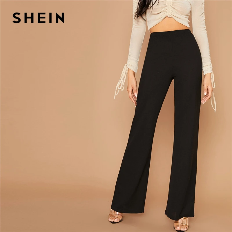 SHEIN Black Solid High Waist Flare Leg Elegant Pants Women Autumn Elastic Waist Loose Office Ladies Stretchy Long Trousers SHEIN Black Solid High Waist Flare Leg Elegant Pants Women Autumn Elastic Waist Loose Office Ladies Stretchy Long Trousers
