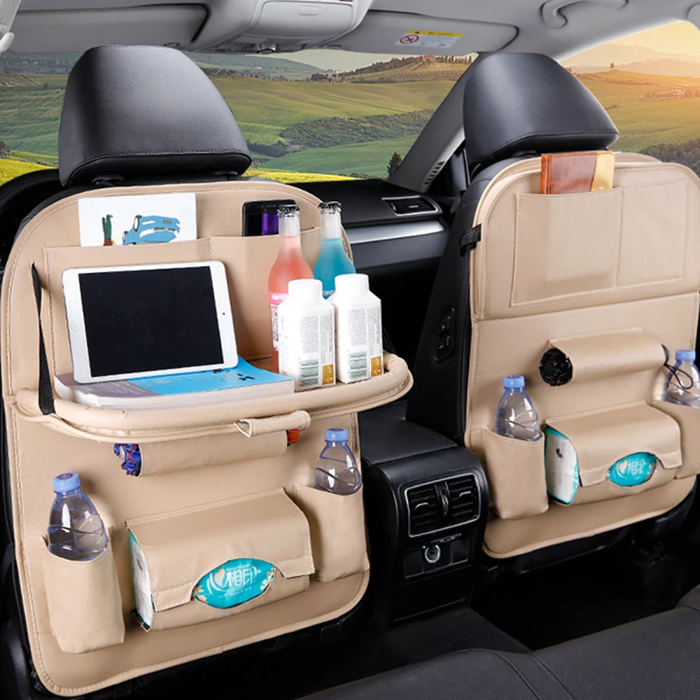 soporte de mesa de comedor ajustable bolsa de almacenamiento para decoración interior ahorro de espacio Organizador de asiento trasero de piel sintética para coche 