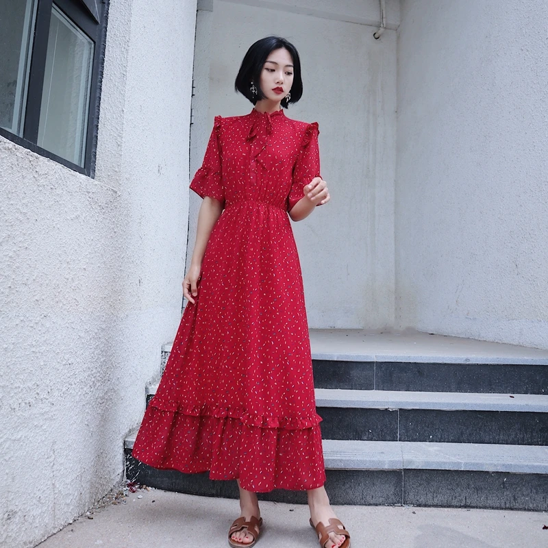

Women Chiffon maxi dress boho chic 2019 new summer fashion floral print short sleeve long dress high quality brand clothes