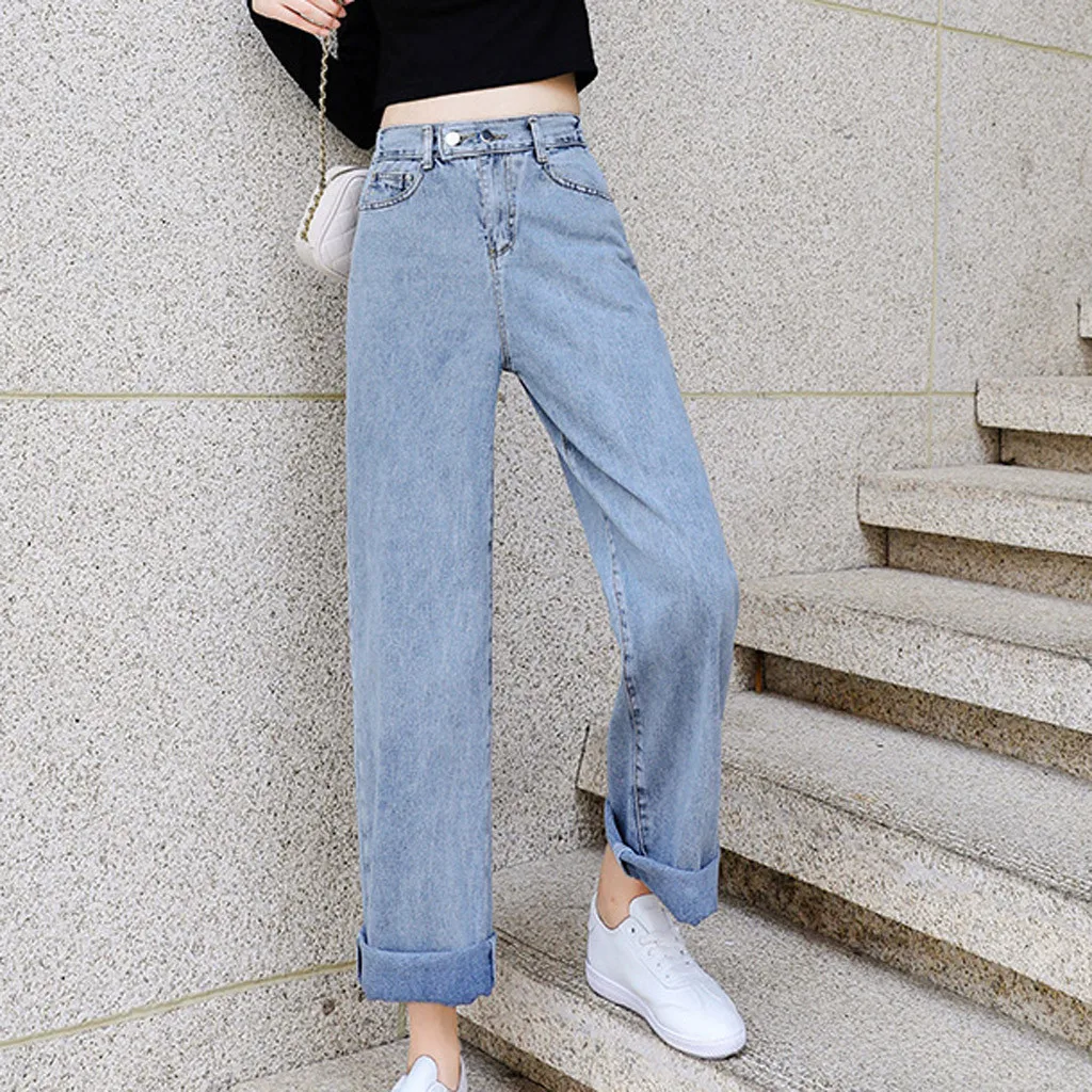 Широкие брюки осень винтажные весенние корейские брюки полиэфирные свободные прямые широкие джинсы повседневные женские брюки