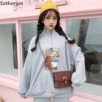 

Hoodies Women Stand Collar Printed Kawaii All-match Soft Thicker Plus Velvet Warm Pocket Pullovers Womens Sweet Leisure Harajuku