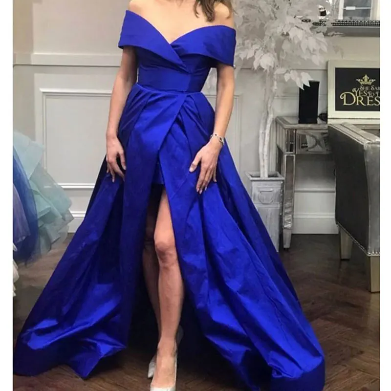 

2020 Blue side slit off the shoulder prom party evening dresses vestido de noiva sereia gown robe de soiree simple satin lace-up