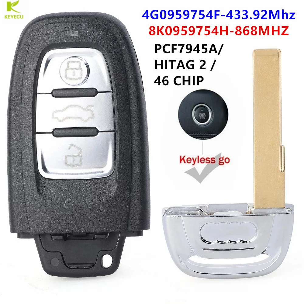 Keyecu Replacement Keyless Go Smart Remote Key 433/868mhz For Audi A4
