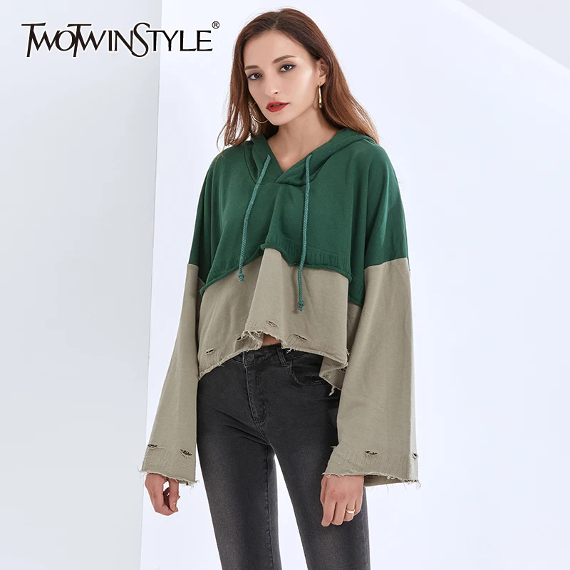 

TWOTWINSTYLE Patchwork Sweatshirt For Women Hooded Collar Long Sleeve Hit Color Loose Pullovers Sweatshirts Female 2020 New Tide
