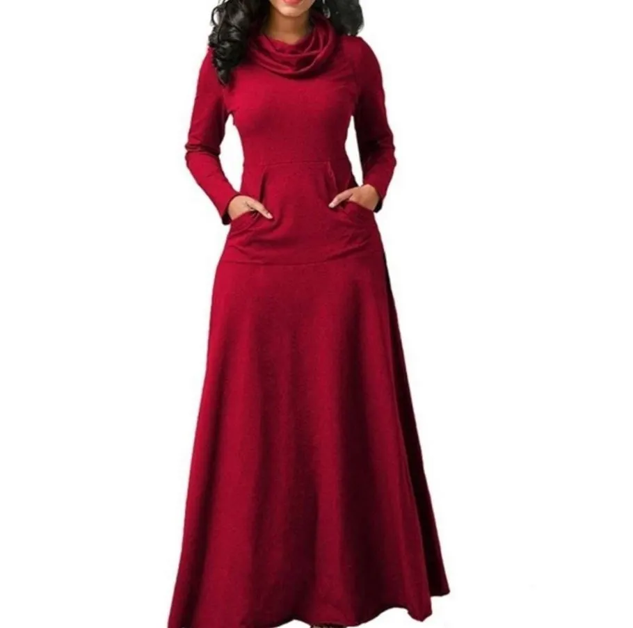 Женское теплое платье с карманом, повседневное однотонное винтажное осенне-зимнее макси платье, длинное элегантное платье с бантом на шее - Color: Burgundy