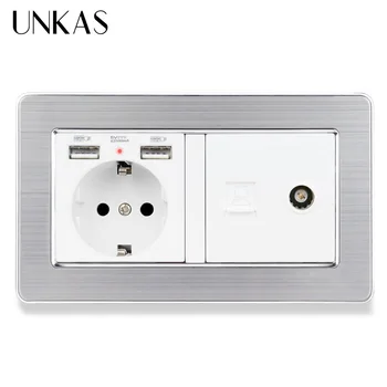 

UNKAS Stainless Steel Panel EU Wall Socket With Dual USB Charge Port + Female TV Connector And RJ45 Internet Computer Jack