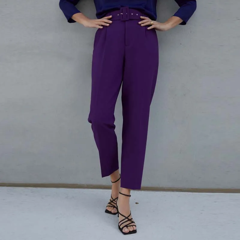 Женские весенне-осенние брюки с высокой талией фиолетовый пояс свободные длинные брюки женские долго шаровары YNZZU YB388