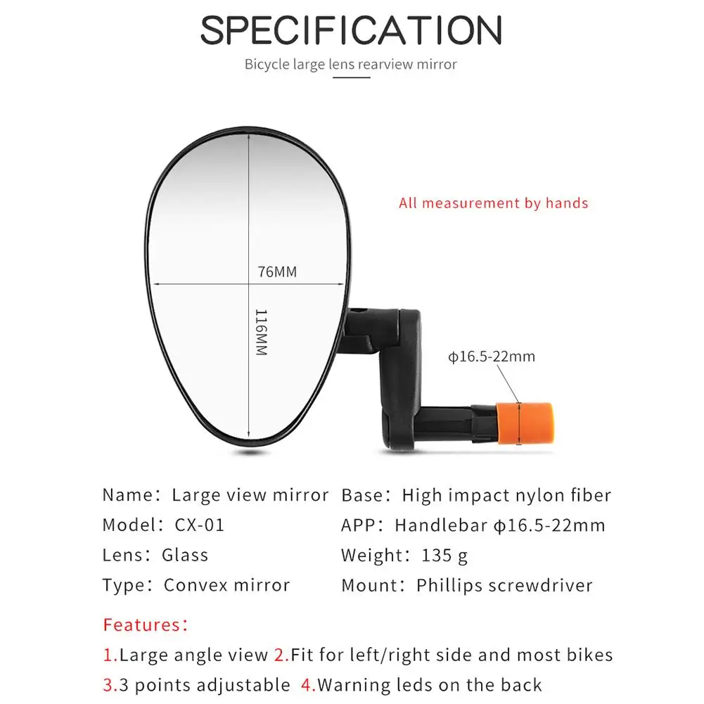 Bicycle Rearview Mirror LED Warning Light 360 Wide-angle Convex Mirror Mountain Bike Accessories Rearview Mirror For Riding