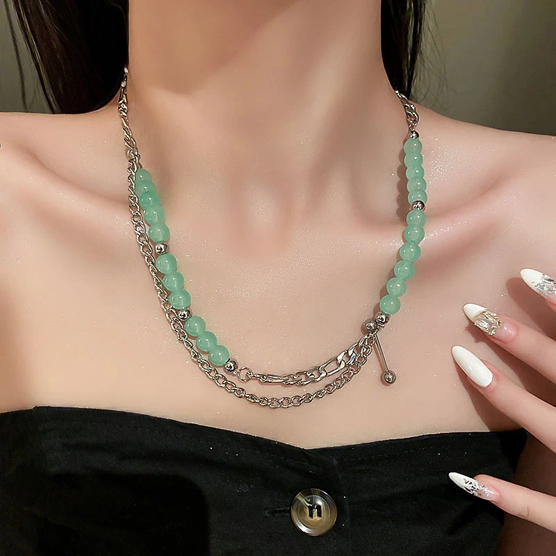 Gargantilla con cuentas de piedra Natural verde menta para mujer, collar Retro de doble capa, para clavícula, joyería y americana| Collares tipo gargantilla| - AliExpress