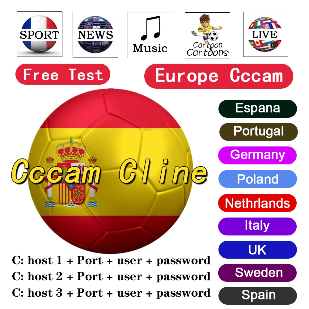 

3 Line Cccam for 1 year Spain Oscam cline use for GT media V8 Nova V9 Super Satellite TV Receiver Europe channels free test