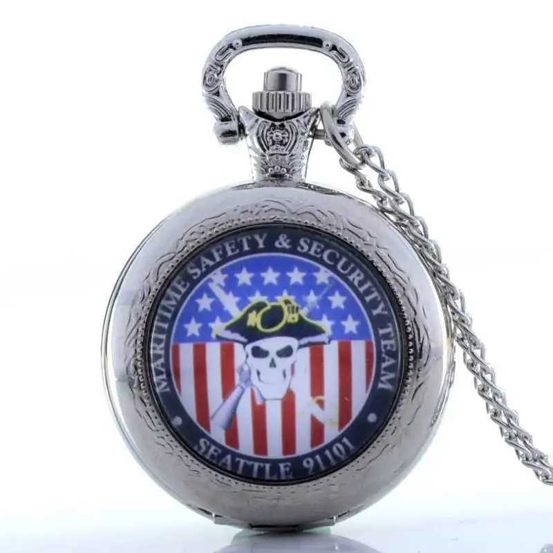 

IBEINA Maritime Safety And Security Team USA Theme Full Hunter Quartz Engraved Fob Retro Pendant Pocket Watch Chain Gift