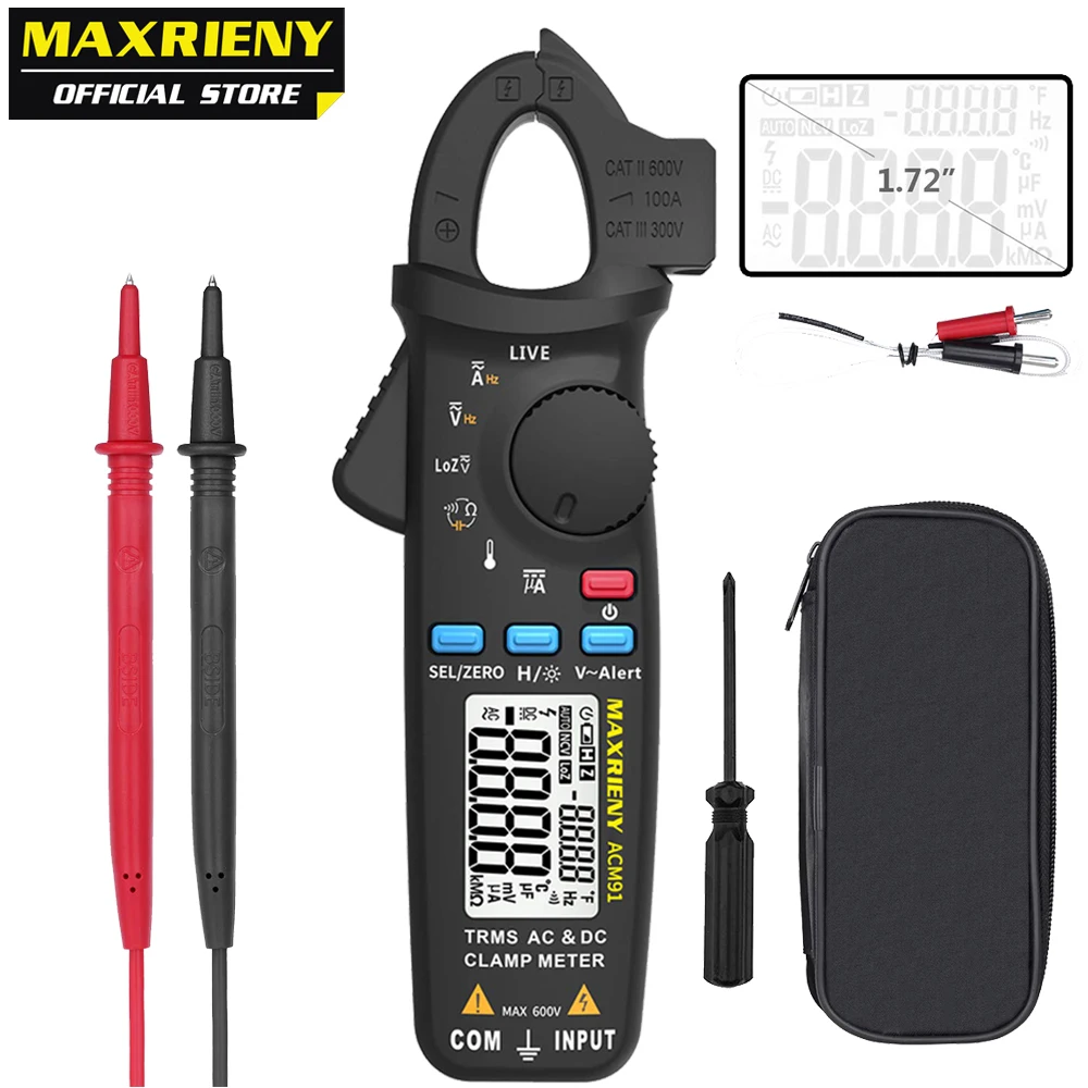 

Mini Digital Clamp Meter MAXRIENY ACM91 True RMS DC AC Current Voltage Auto Range Temperature Capacitance Hz Ohm Tester DMM