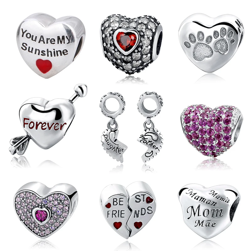 925 Silver Pink Stone Heart Best Friends Charm Fits European Bracelet Gift Bag