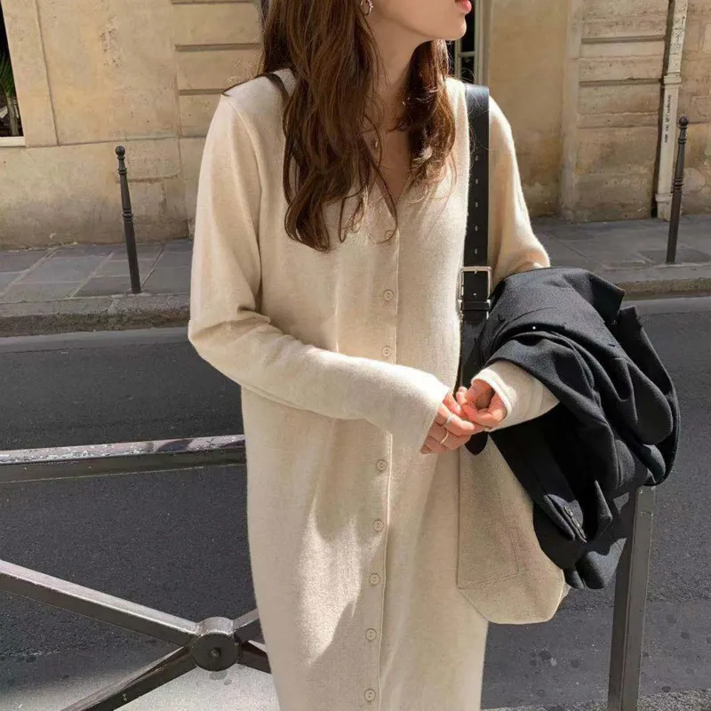 Ceny Kobiety jesień długa koszula sweter sukienka V Neck pojedyncze piersi Vestidos proste szata Femme elegancka Jurken Plus Size Sukienki