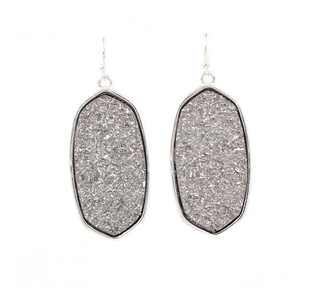 

High Quality Silver Tone Big Oval Resin Druzy Drop Earring for Women