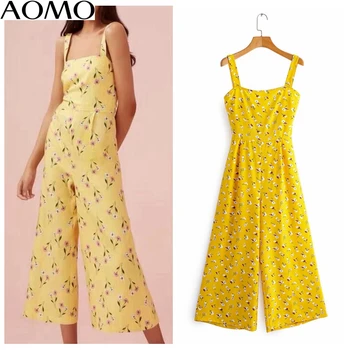 

AOMO fashion Women summer yellow floral print long jumpsuit Sleeveless zipper female casual sexy backless beach Jumpsuit 1F60A