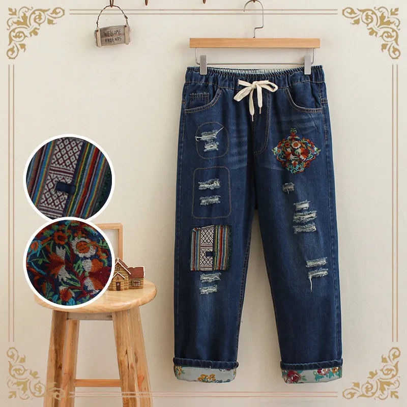 Женские джинсы, женские осенние повседневные штаны с вышивкой, Цветочные Лоскутные джинсы, свободные тонкие девять рваных брюк, джинсы для женщин