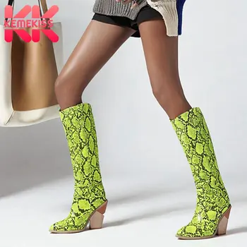 

KemeKiss Plus Size 33-46 Knee High Boots For Women Snakeskin Print Wedges Shoes Women Pointed Toe Slip On Party Female Footwear