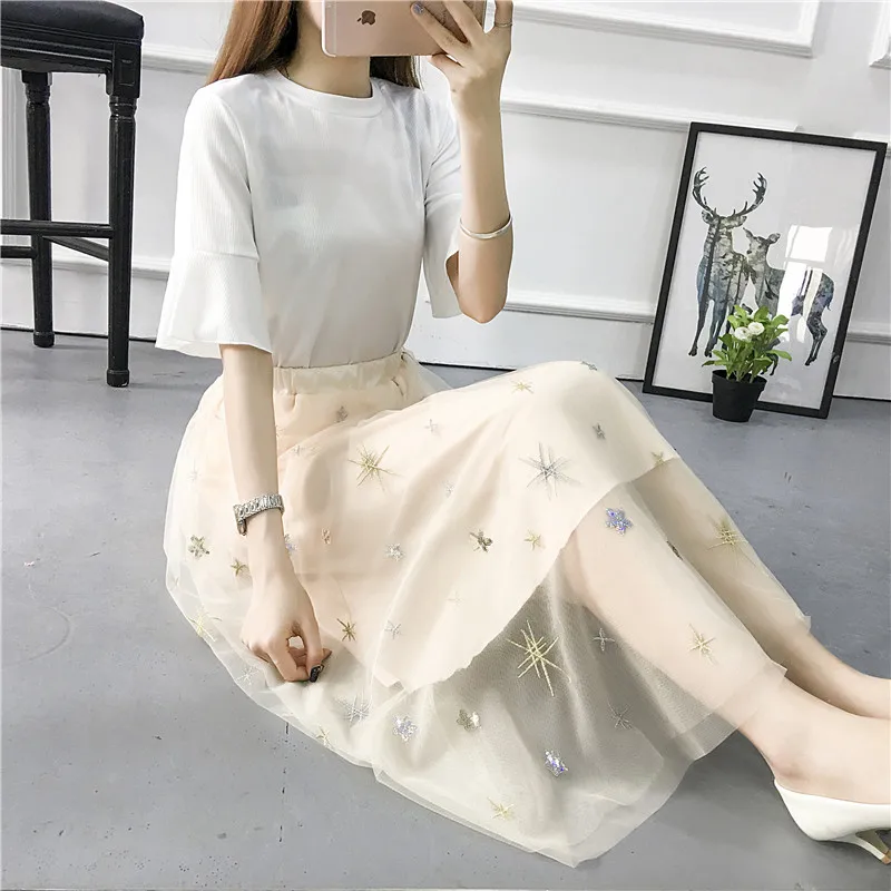

Star Mesh Dress Skirt Women's 2018 Spring Summer New Style Korean-style High-waisted Gauze Mid-length Embroidered A- line Skirt