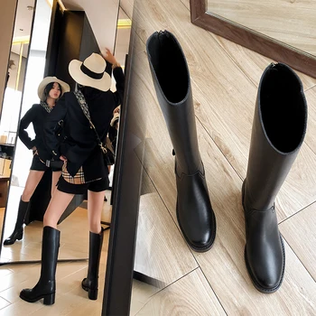 

INS HOT Women knee-high boots natural Leather shoes 22-25 cm length Spring and autumn cow leather back zipper long booties