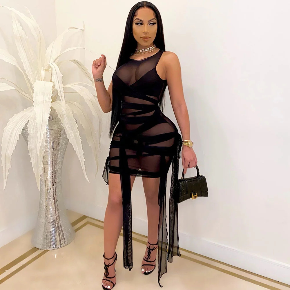 Ribbons See Through Mesh Sheer Bodycon Party Club Dress for Women Sexy Night Out Mini Skinny Sleeveless Bandage Dresses | Женская одежда