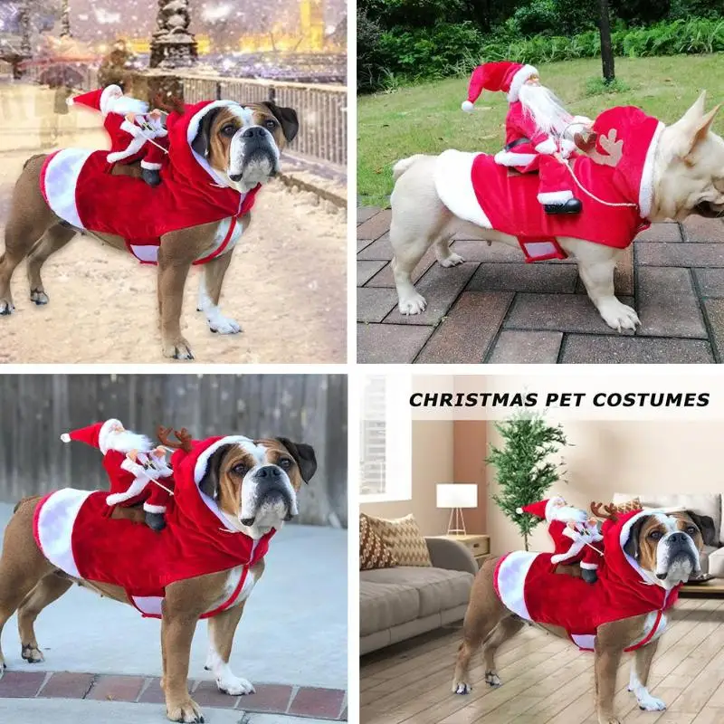 Cute Pet Christmas Clothes Santa Claus Riding Deer Kitten Puppy Red Hat Cloth Festival Halloween Party Costume Dog Cat Supplies