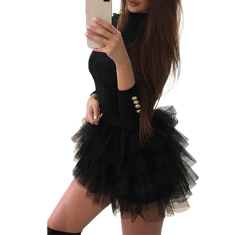 Women Long Sleeve Tulle Dress Spring Autumn Sexy Mini Dress for Woman Black Mesh Tulle Tutu Short Dress Evening Party Dresses