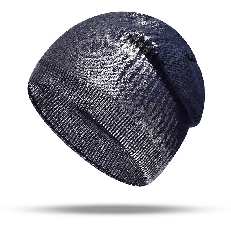 Navy Blue Silver Женская Шапка-бини цвета металлик, повседневные кашемировые вязаные шапочки с громоздкими шапочками для дам, зимние хлопковые шапочки и шапочки с принтом - Цвет: Navy Blue Silver