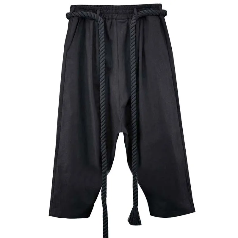 Мужские льняные шаровары в готическом стиле хип хоп панк с поясом черные